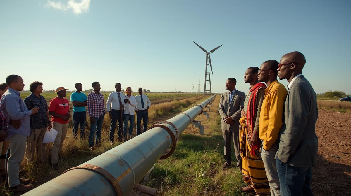 African energy politics: local leaders and communities discuss oil projects near a pipeline in a realistic outdoor setting
