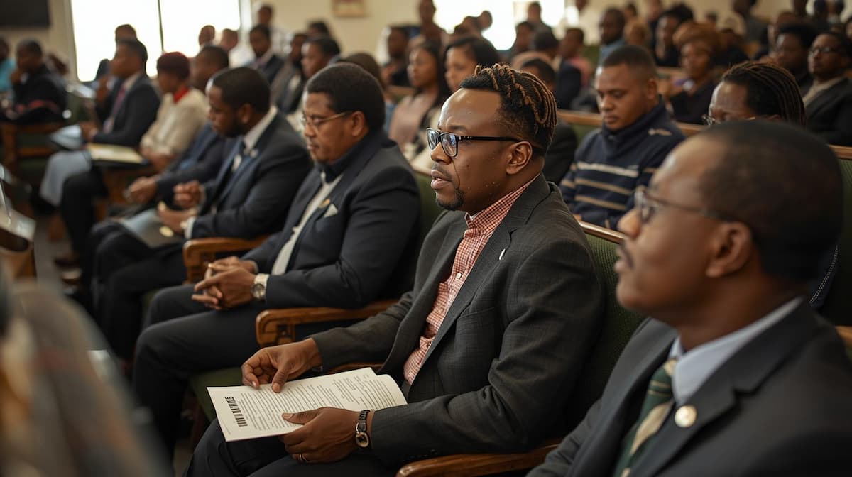 South African Christian nationalism: congregation and community leaders discussing faith, family, and politics in a realistic outdoor setting