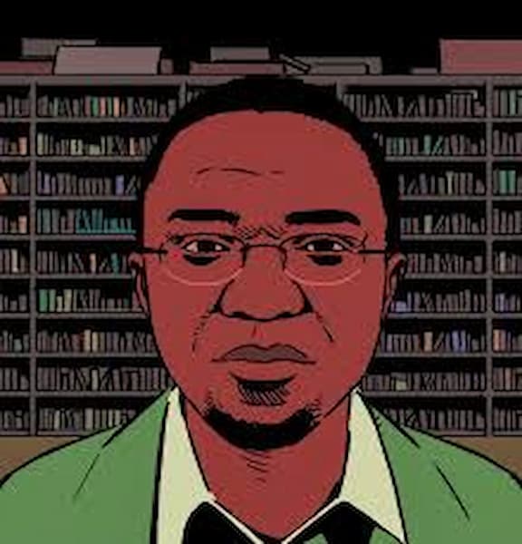 Patrice Nganang holding the Scale Boy book in a study room, showing pride and excitement
