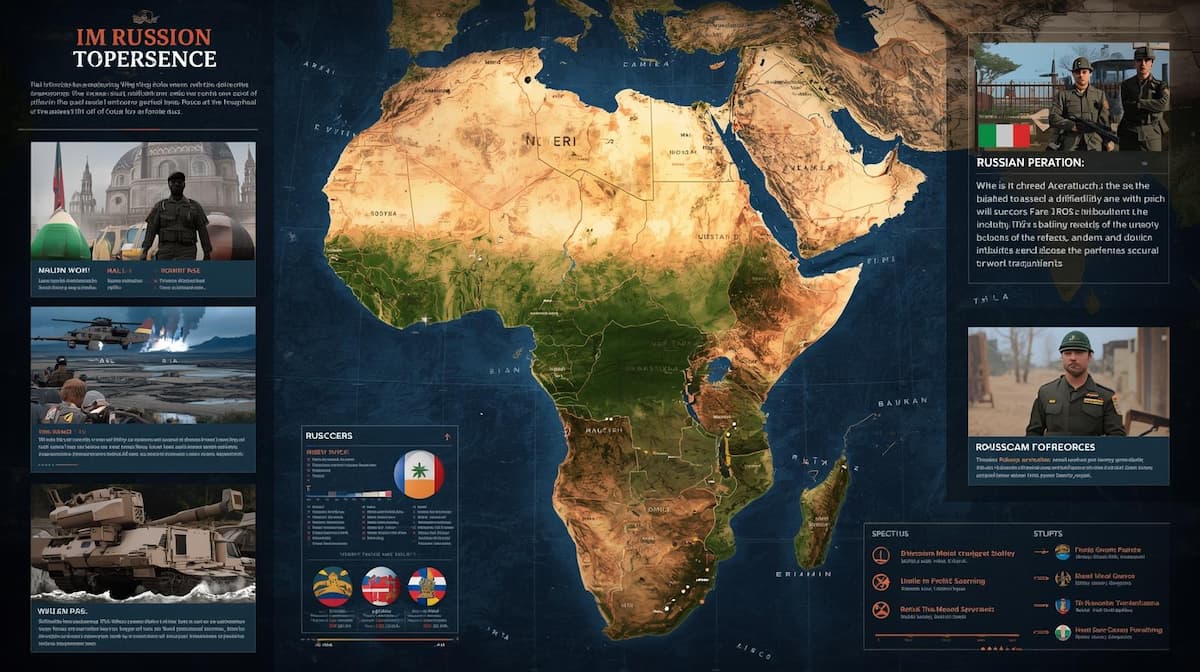 Russia Africa Influence depicted with military presence and highlighted regions of Mali, Niger, and Burkina Faso
